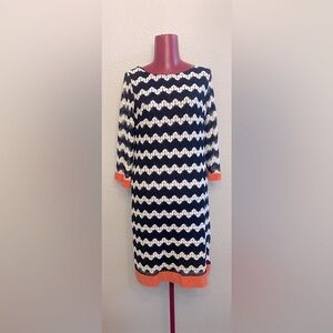 Sandra Darren Navy and White Dress with Orange Highlights